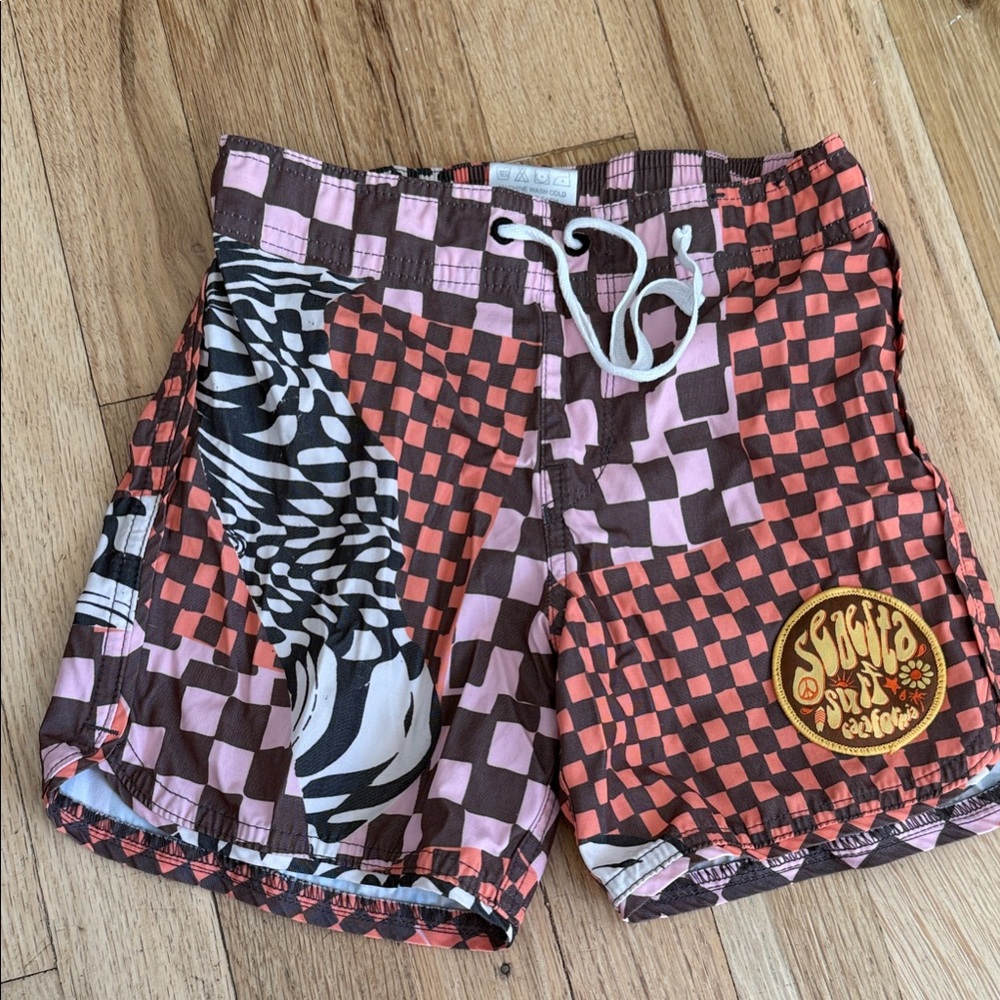 Seaesta Surf Kids Checkerboard Patchwork Swim Shorts - Pink & Brown